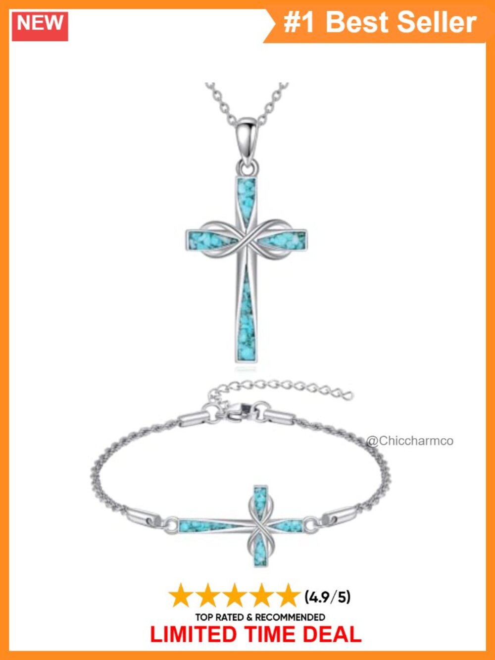 Sterling Silver Turquoise Cross Necklace and Bracelet Jewelry Set Gift for Women